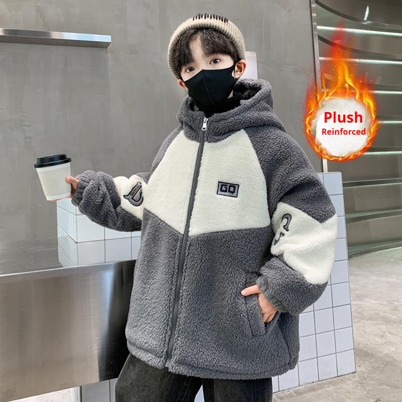 

Пальто из овчины для мальчиков Осень и Зима Детский толстый шерстяной свитер Полар-флис Детское плюшевое хлопковое пальто 150cm серый