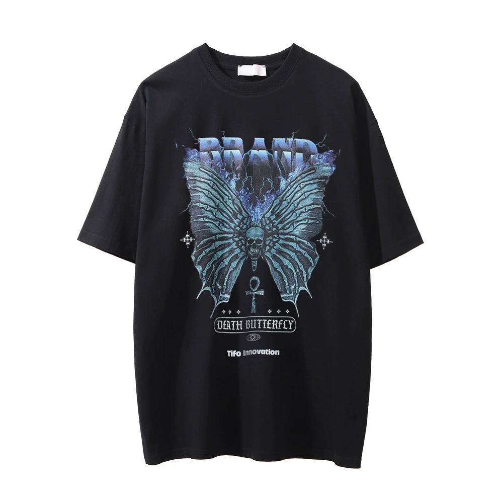 Camiseta de Manga Corta con Estampado de Calavera y Diablo para Hombres Instagram Europa y América Calle Cuello Redondo Viejo Manga 3/4 Verano Ciencia Ficción Corte Holgado