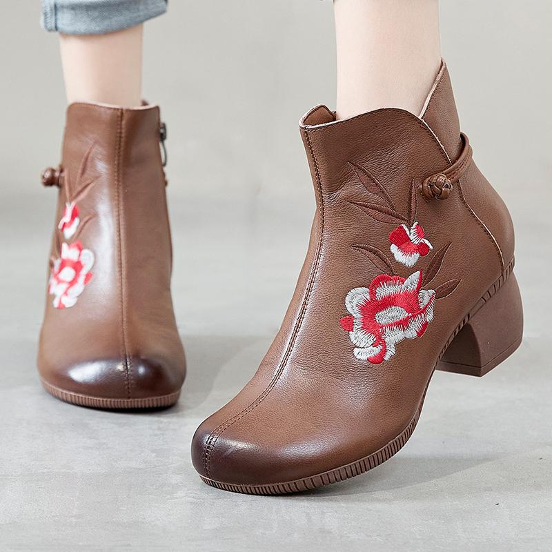 Fashion GKTINOO Floral Ankle Boots For Women Autumn Winter Genuine Leather Women's Boots Retro Handmade Comforable Shoes High Heels