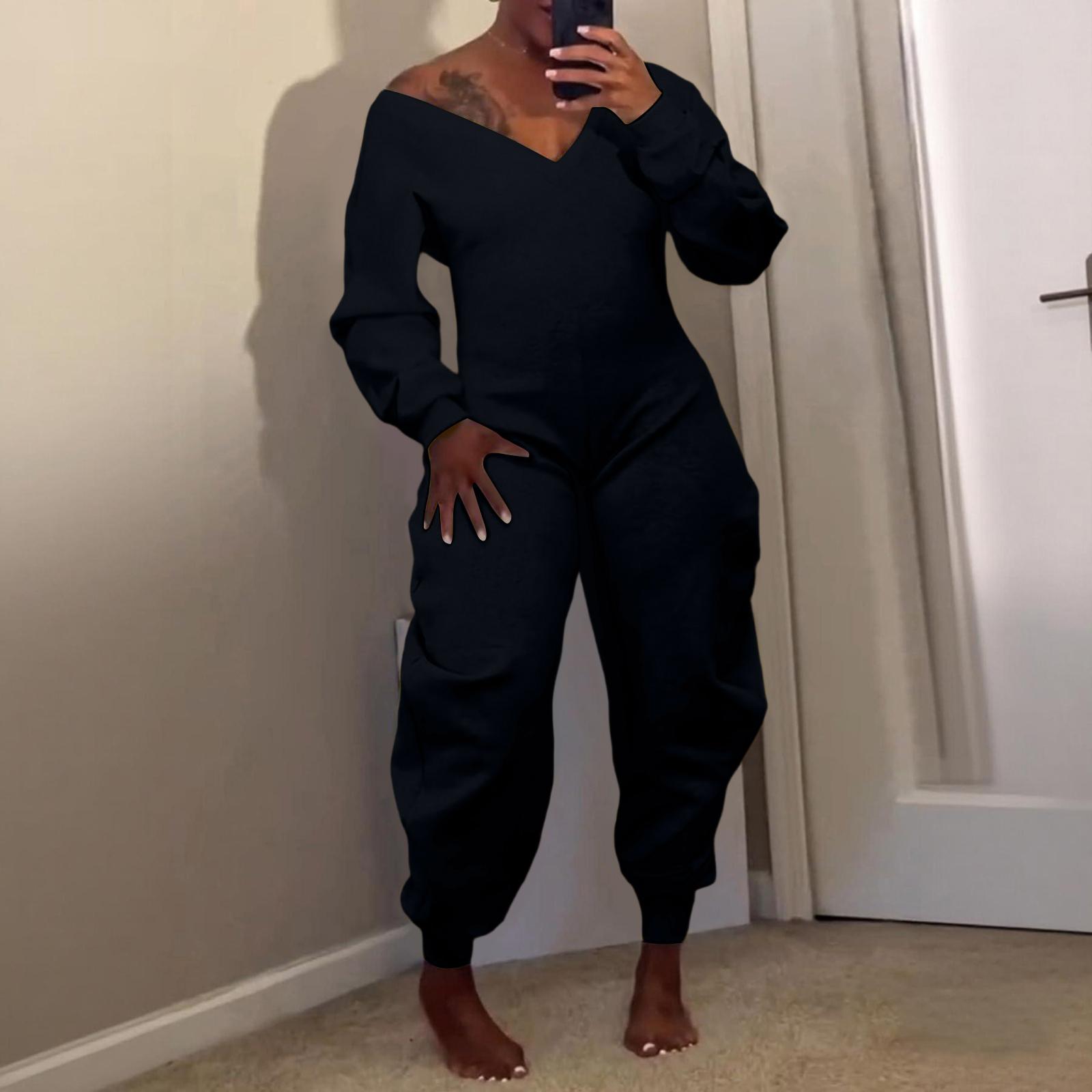 

Женский однотонный комбинезон с расклешенными брюками, облегающий, с V-образным вырезом, сексуальный комбинезон с длинными рукавами XL