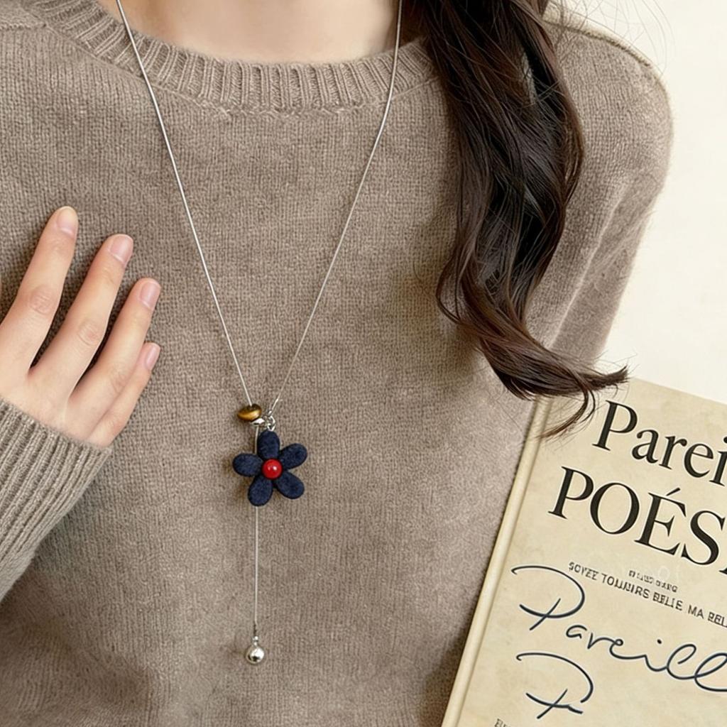 Korean Style Colorful Plush Flower Pendant Necklaces for Women Girls Casual Trendy Pull-Out Long Sweater Necklaces Jewelry Gifts