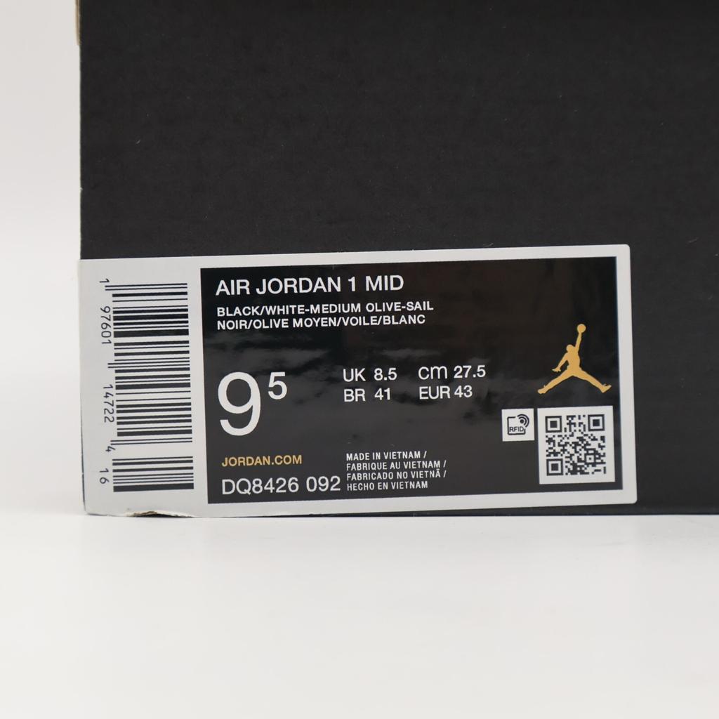 DQ8426-092 Nike Air Jordan 1 Mid Negro Verde Oliva Medio Vela Blanco (De hombre)