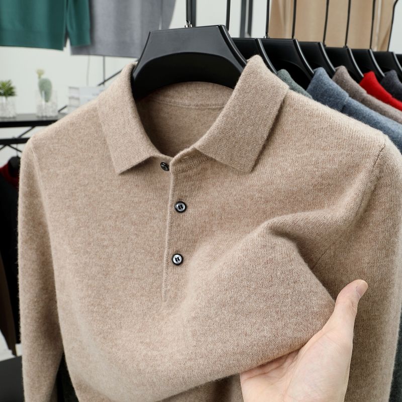 

Светр Smart Casual Осінь Зима Чоловічий Однотонний Лацкан Гудзики Простота Мода Розкіш Пуловери з Довгим Рукавом В язані Топи 4XL верблюд