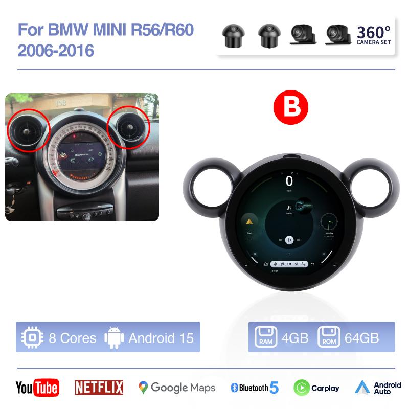 Android 15 For BMW Mini Cooper R56 R60 2006-2016 OLD TO NEW Auto Carplay Car GPS Navigation Stereo Multimedia Player 360 Tools