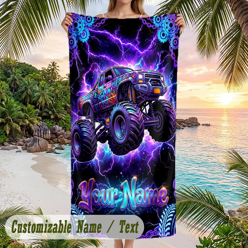 Monster Truck Thema Strandtuch Personalisiert mit Name & Text Weich Schnelltrocknend Strandtuch für Schwimmen Reisen