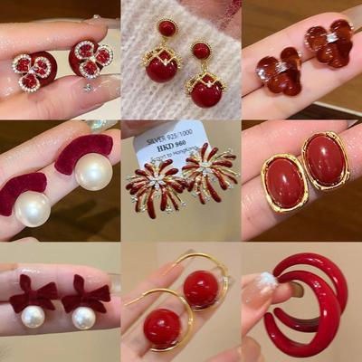 Silver Needle Drop Oil Red Pearl Stud Earrings - Elegant & Versatile Jewelry for Women