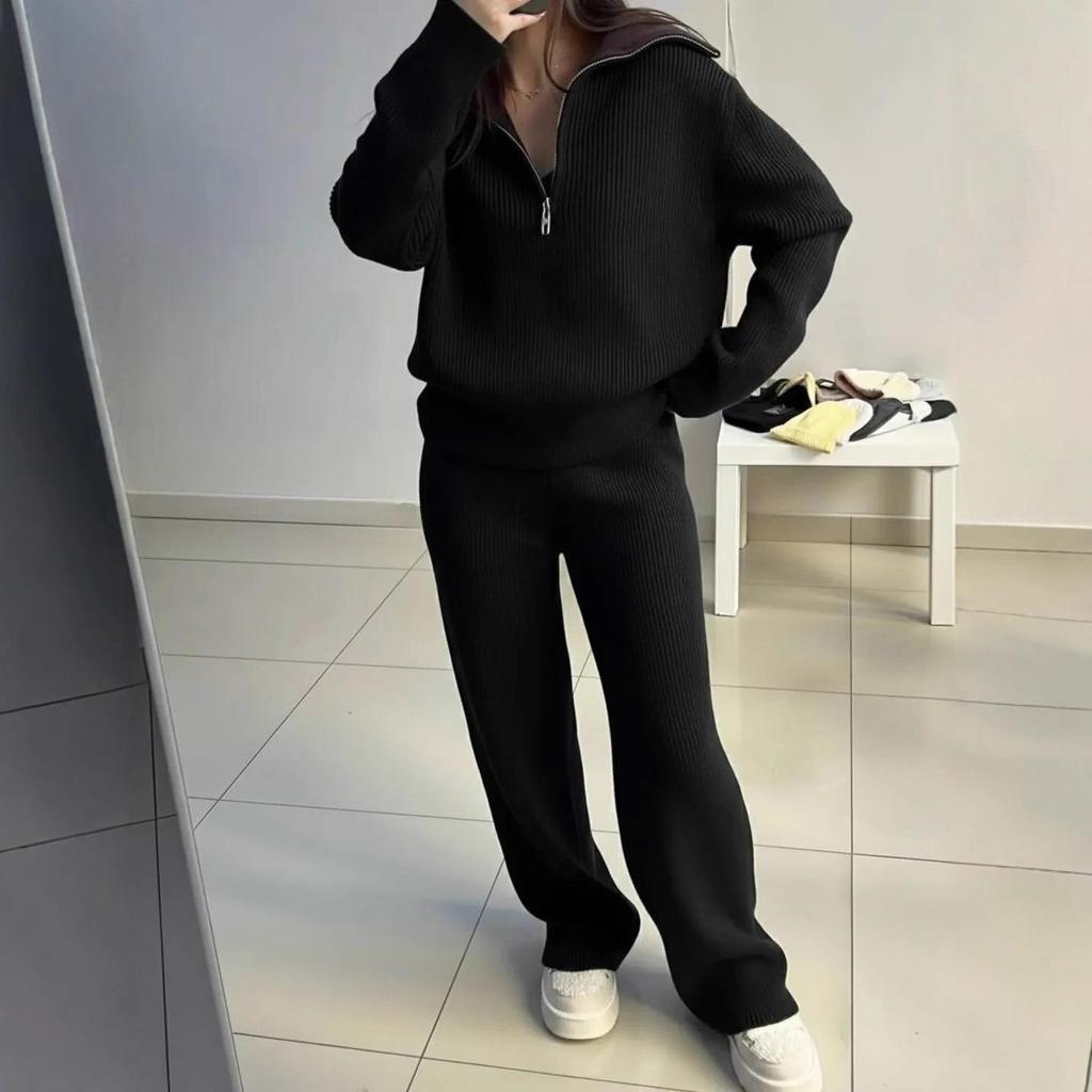 2025 Autumn Women's Lapel Zipper Knit Sweater and Long Pants Set - Casual European & American Style