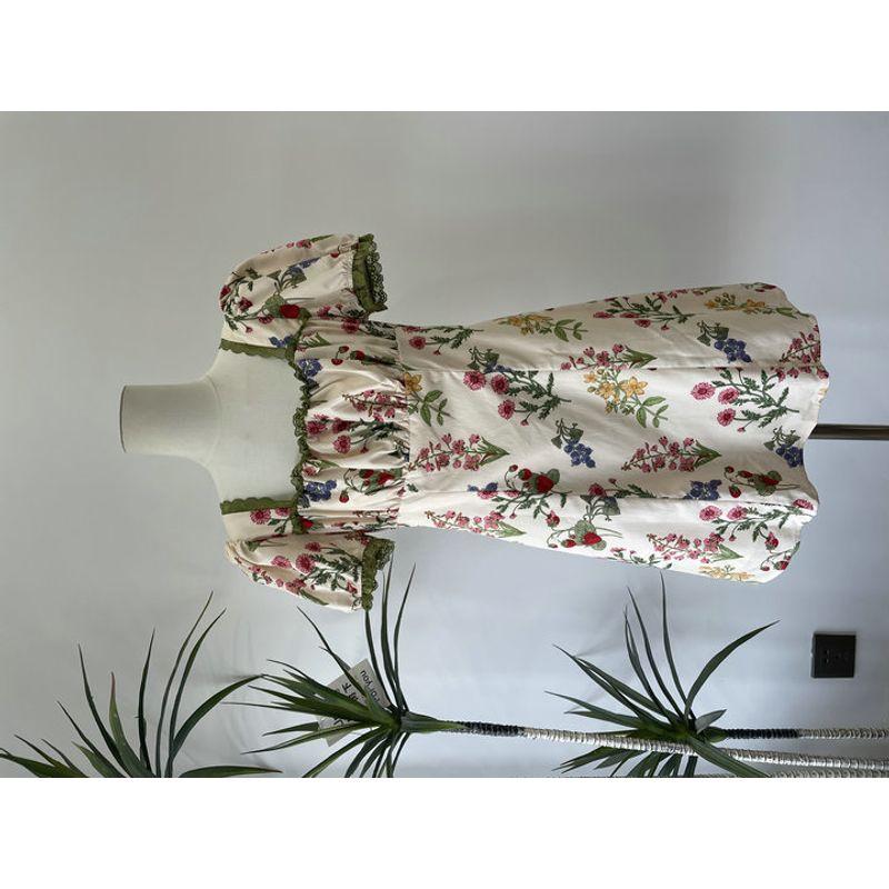 

C * Der Original Single Smart and Cured Square Collar Plant Printed Dress Girly Feeling Lace Edge Age Reducing Dress Figure color M