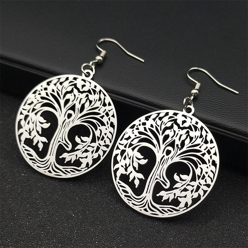 Fashion Tree of Life Stainless Steel Earrings Silver Color Women Dangle Earring Amulet Life Tree Jewelry Party Gift E545S01