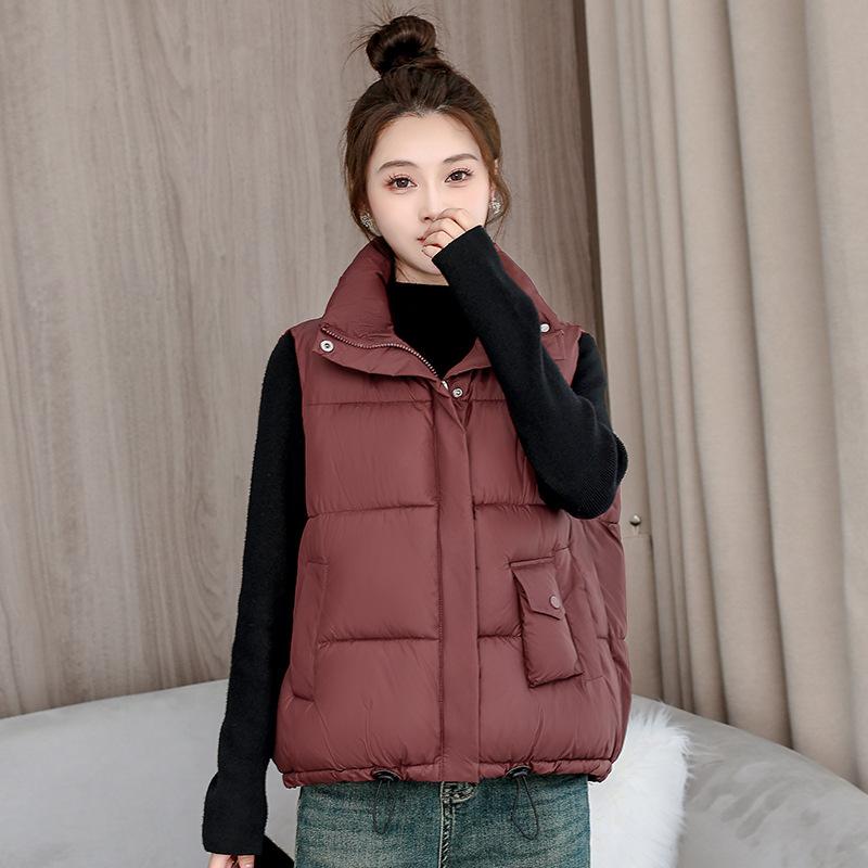 Stand-up Collar Down Cotton Vest Women's Drawstring Autumn and Winter New Loose Thickened Sleeveless Vest Jacket