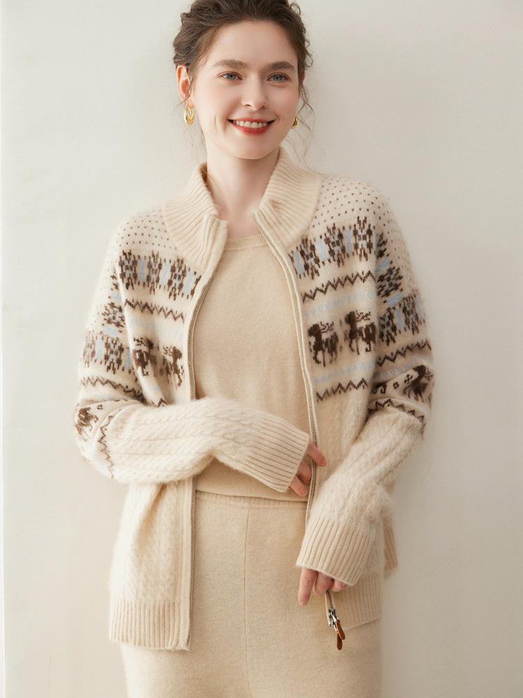 Cárdigan de cachemir con cremallera y jacquard para mujer Otoño/Invierno 2026 con cuello semi-alto
