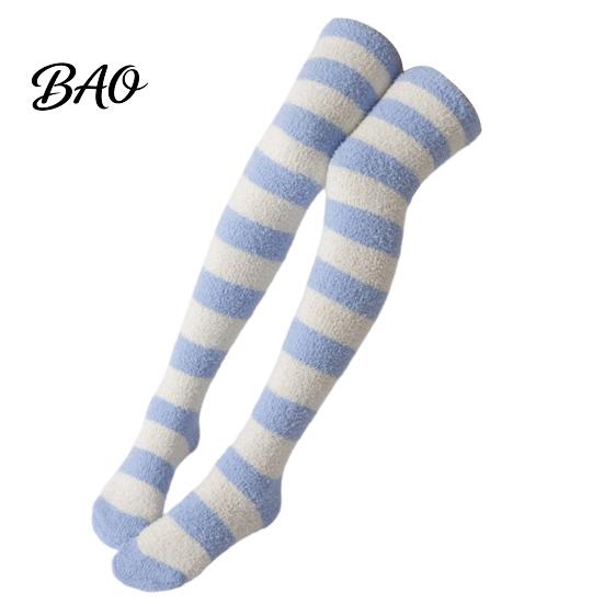Warm Winter Sleep Socks Striped Plush for Women, Coral Fleece Thermal Socks, Soft Thickened Velvet Knee High Stockings, Sleeping Home And Casual Wear