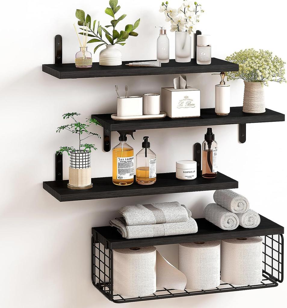 Natural Wood Bathroom Floating Shelves Bathroom Wall Mounted Towel Rack Toilet Paper Holder Home Accessories Garden Set of 4