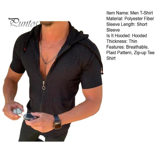 Herren Kapuzen T-Shirt Kurzarm Kariert Zip Up Tee Shirt Lässig Dünn Sommer Top für Sport Freizeit Outdoor Strand