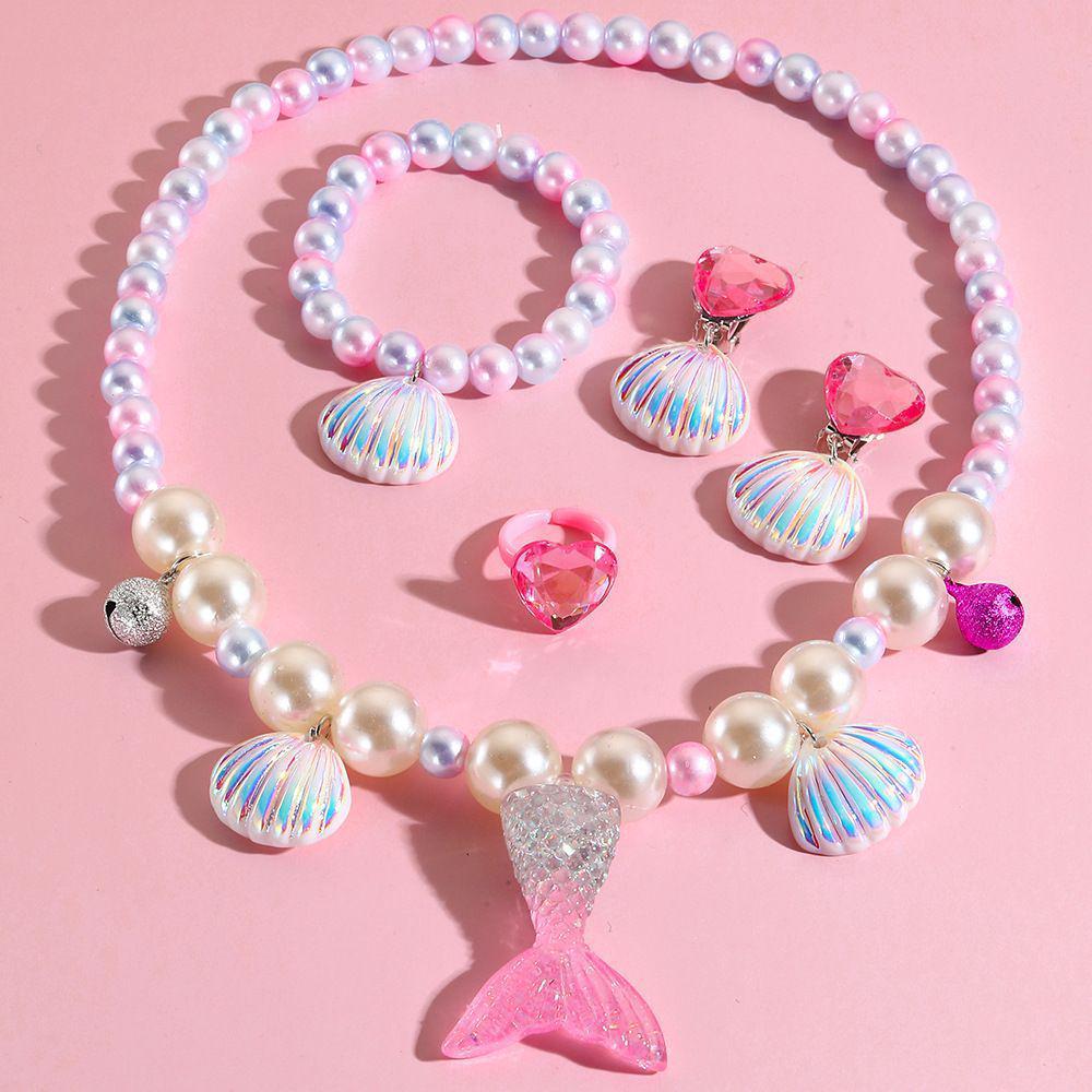 Children's Mermaid Jewelry Set: Necklace, Bracelet, Ear Clips, Rings - Cute Princess Design