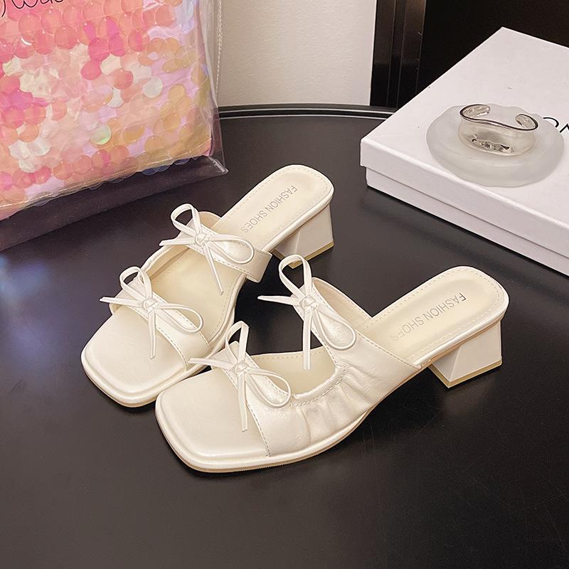 Women Slippers French Butterfly Knot Slippers 2025 Summer New Fairy Style Banquet Dress Shoes Women Square Toe Peep Toe Slippers