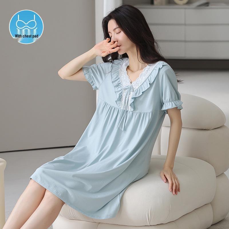 Women's Court Style Cotton Silk Nightgown with Built-In Bra Pads, French Large Size Summer Pajama Dress