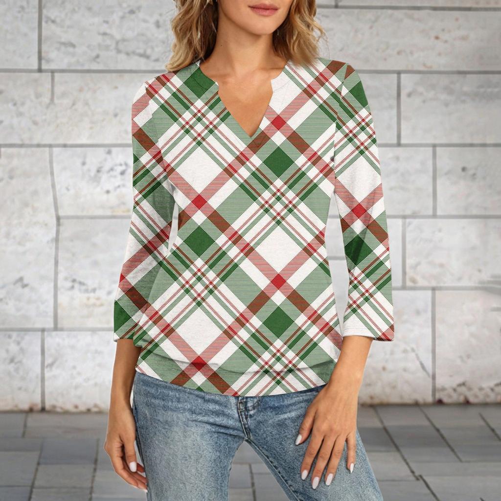 Damen 3/4 Ärmel Oberteil Saum V-Ausschnitt Sommer Lässig Hemd Kariert Bedrucktes Oberteil