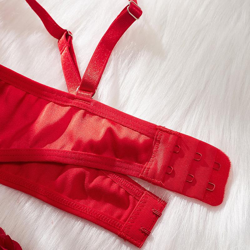 Women's Sexy Bra Set Floral Decor Mesh Splice Lingerie Set Thin Red Bra Lingerie Set