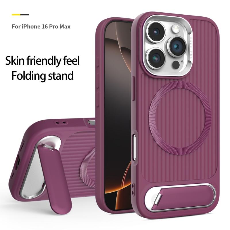 Luxury Stripe With Folding Bracket Plain Phone Case For iPhone 16 15 14 13 12 11 Pro Max Magnetic For Magsafe Wireless Charging