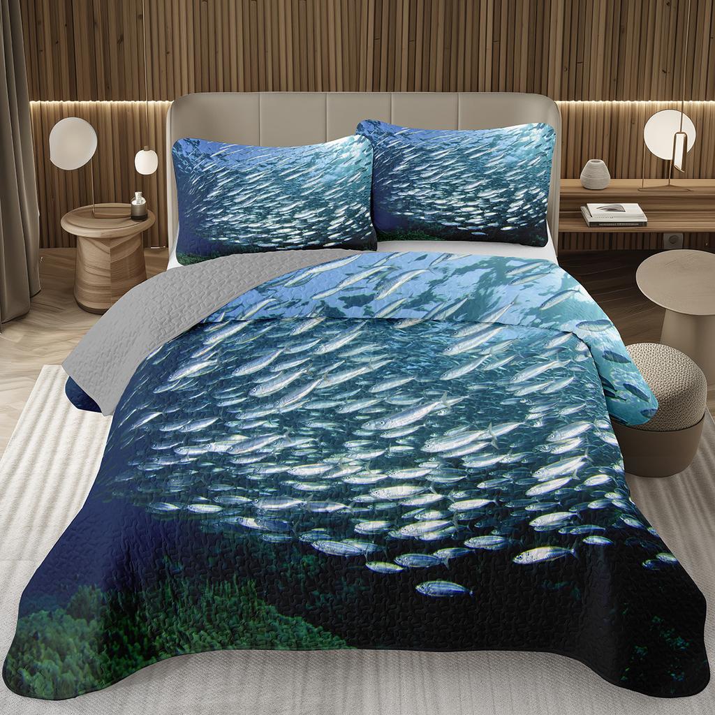 Fish Bedspread Twin Queen Ocean Marine Theme Coverlet Set for Boys Girls Teens Room Soft Lightweight Sea Animal Quilted Bedding