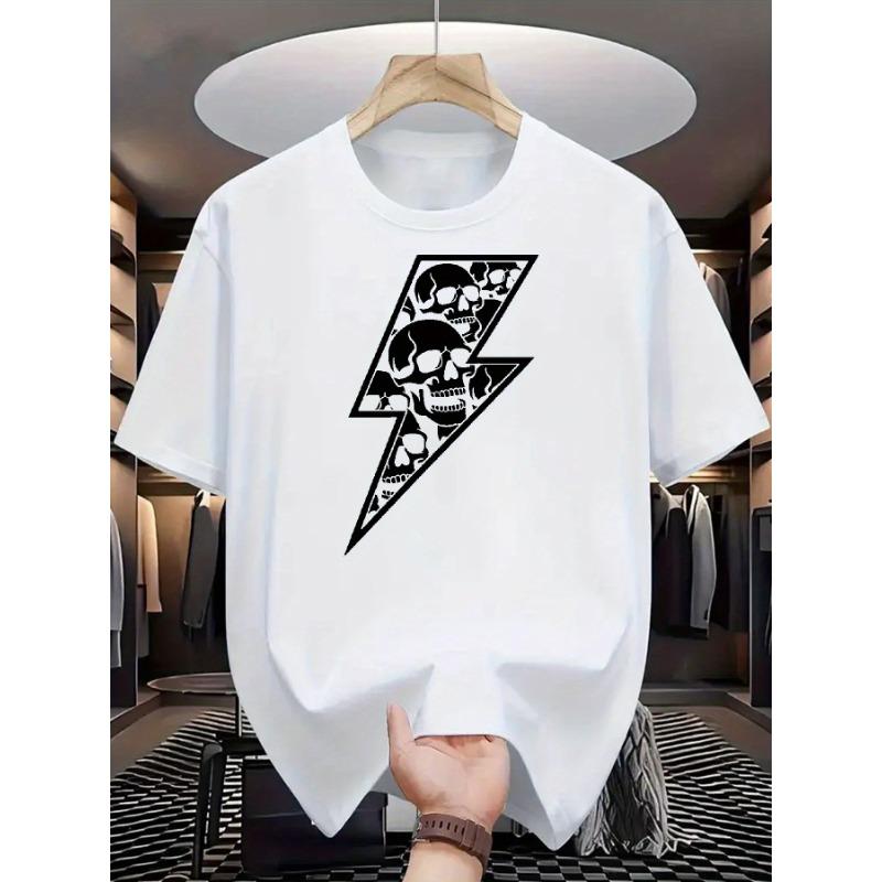 European Size Men's Crew Neck T-Shirt Black Lightning Bolt Skull Print Casual Daily Wear