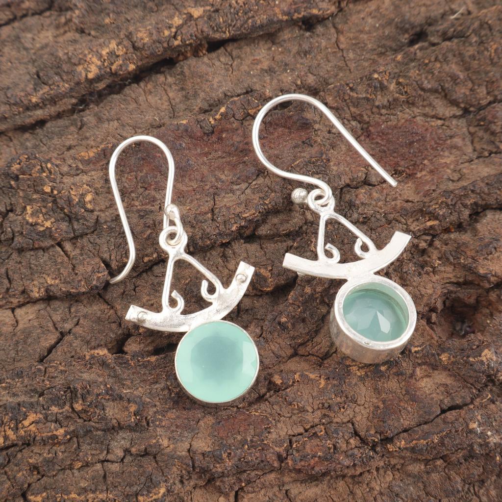 925 Sterling Silver Aqua Chalcedony Dangle Earrings Handmade Gemstone Jewelry EE-152-20