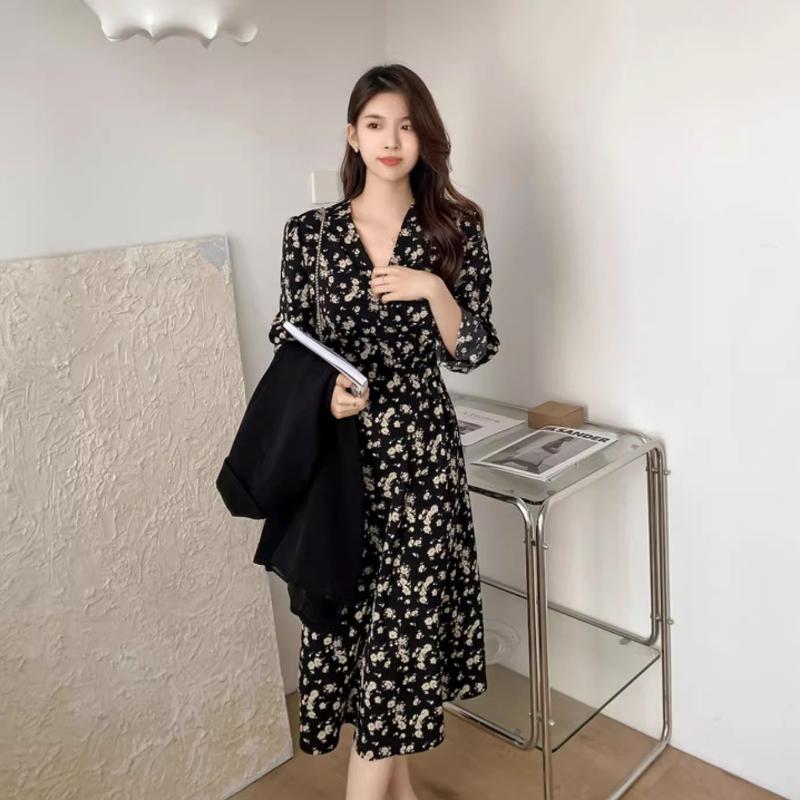 Vintage A-LINE Floral V-Neck Printing Bodycon Dress for Women Clothing Black Evening Midi Dresses Elegant Korea Spring 2026 Robe