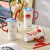 Cute Red Apple Tall Mug Ceramic Cup with Lid Girl Couple Milk Tea Cold Drink Straw Cup