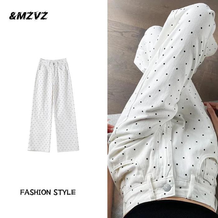 2024 Autumn Women's High Waist Polka Dot Wide Leg Jeans - Petite, Floor Length