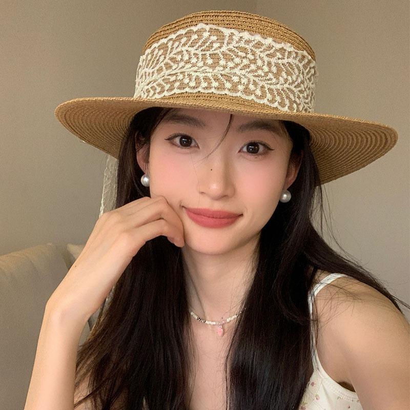 Flat top sunshade straw hat women's straw hat casual wind summer sun protection seaside vacation photo beach hat