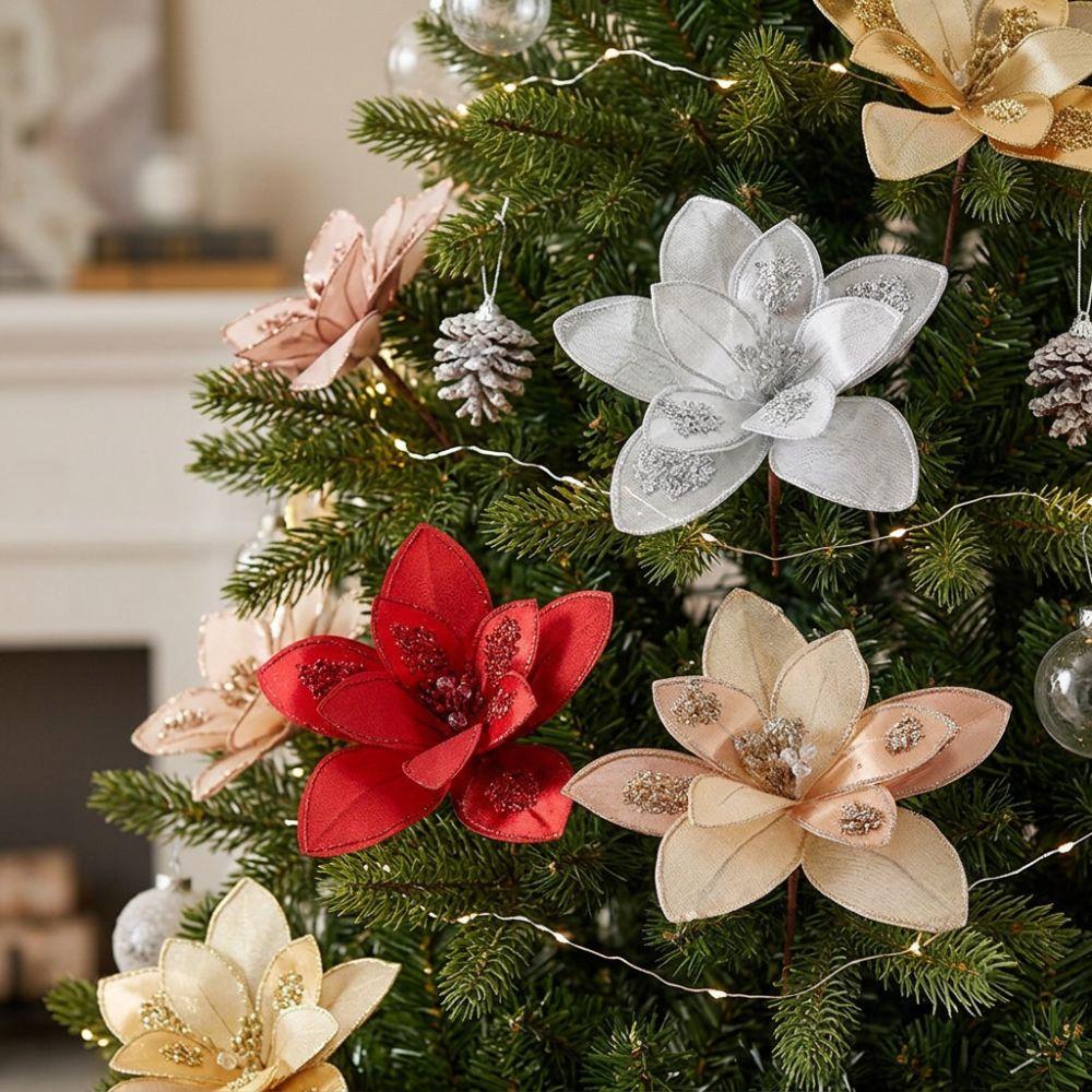 Sequins Artificial Poinsettia Flower Pick Three-Layer Christmas Tree Floral Spray Christmas Tree