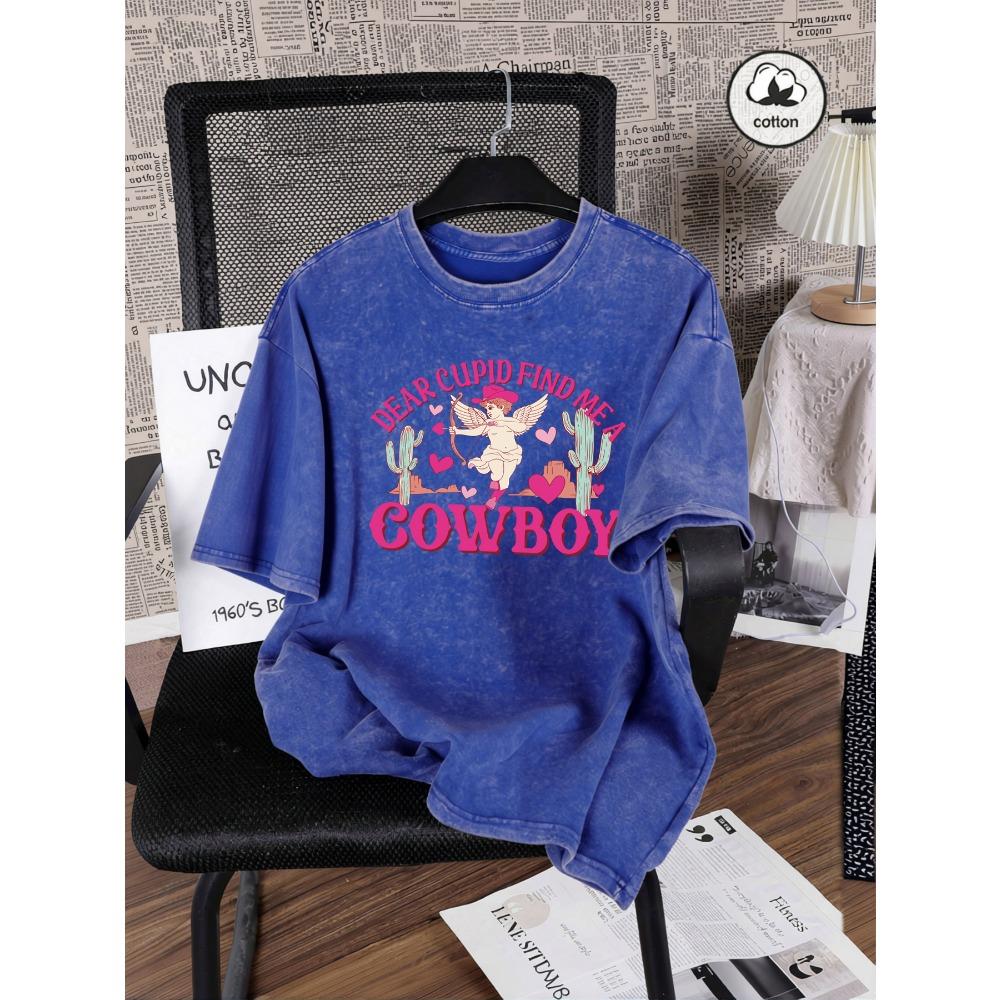 Dear Cupid Cowboy Desert Cactus Prints Washed T Shirts Womens Summer O-Neck Short Sleeve Trendy Cotton Top Loose T-Shirt