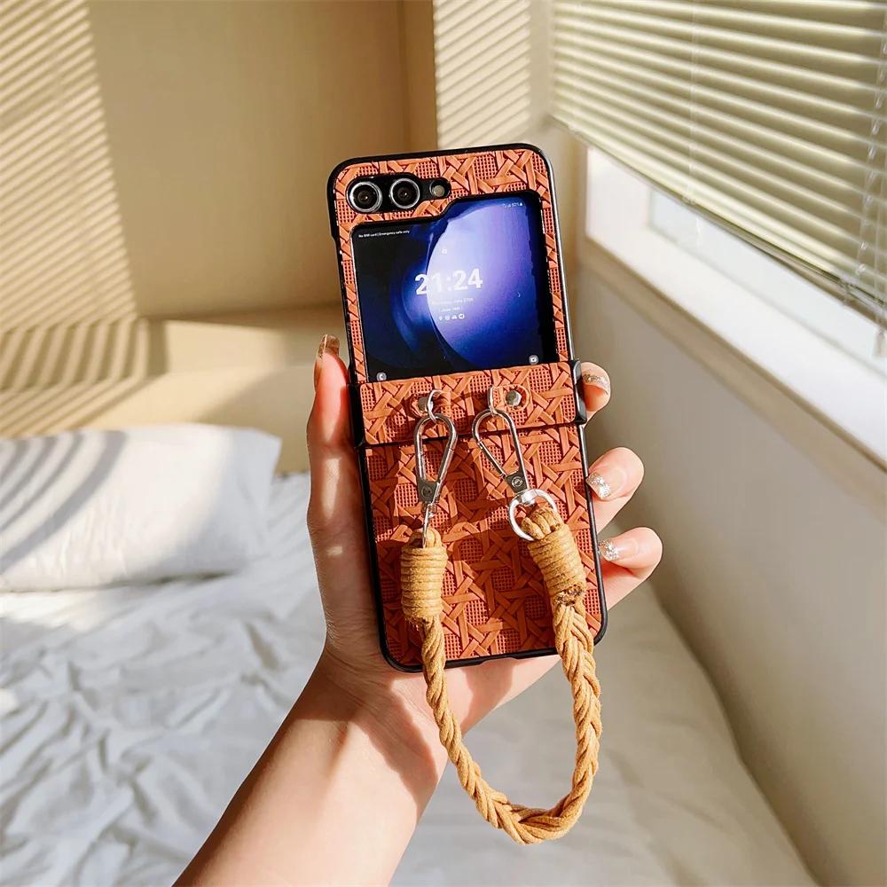 Wrist Strap Weave Leather Phone Case for Samsung Galaxy Z Flip 6 5 4 3 Flip5 Flip4 Flip3 5G Protective Shockproof Cover