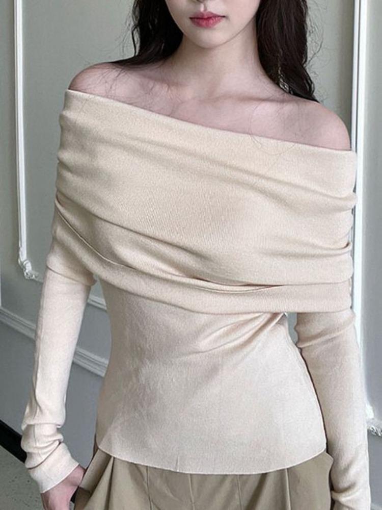 

Autumn Winter Off Shoulder Women Sweaters Elegant Vintage Knitted Solid Jumper High Stretch Top Soft Chic Design Pullovers New L бежевый