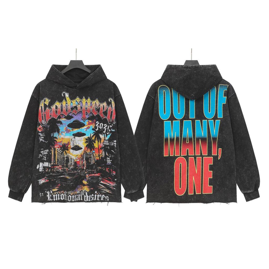 God Bless America Retro Rock Street Print Washed Hoodie - Casual Loose Fit