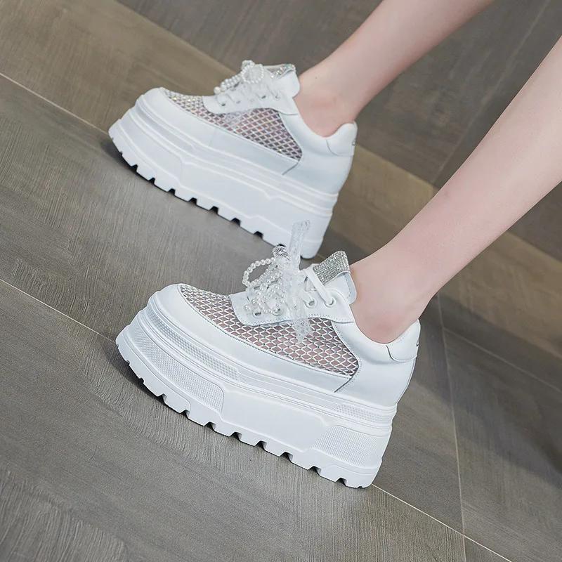 Fashion 10CM Air Mesh Microfiber Leather Breathable Slipper Flats Hollow Round Toe Platform Wedge High Brand Women Sandals Bling Shoes