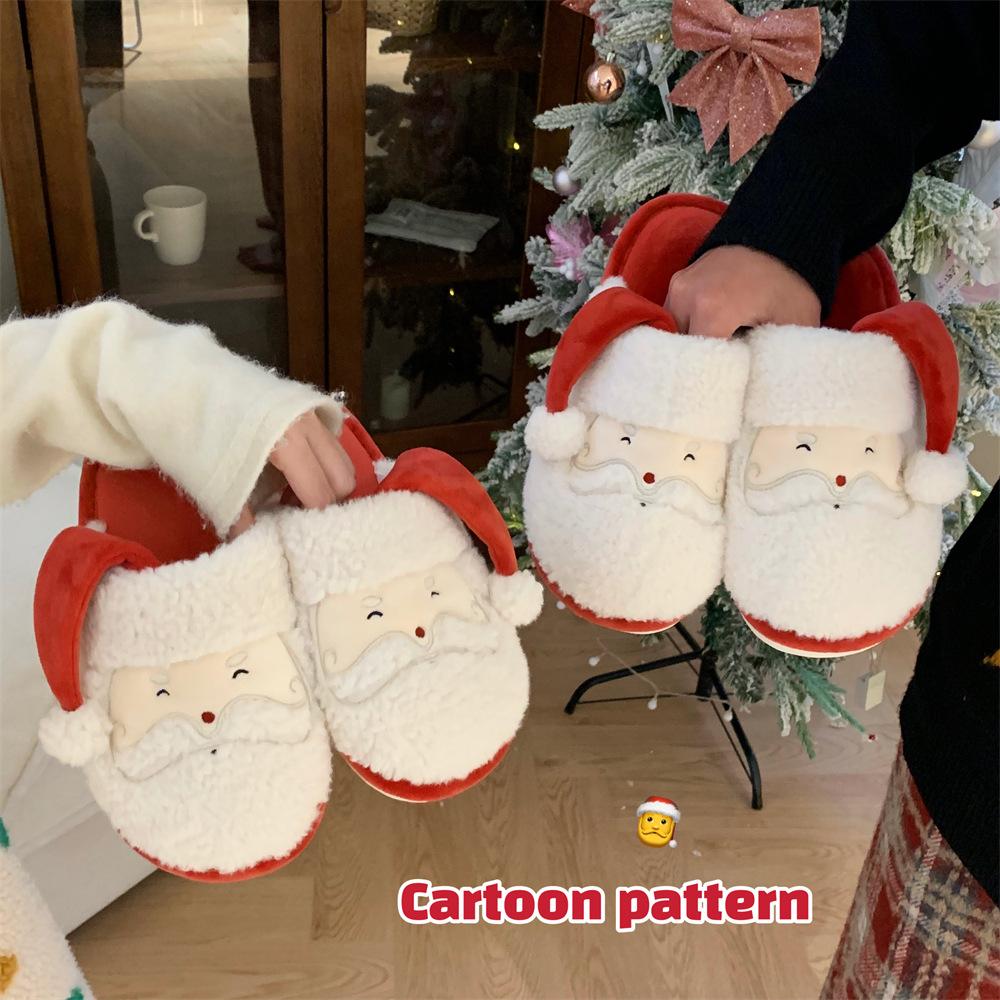 Couple Christmas Plush Slippers Women's Winter Indoor Slippers, Cute Santa Pattern Men's Warm Home Shoes