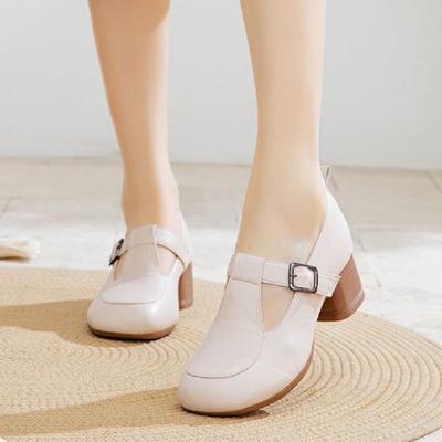 Dames schoenen vrouwen schattig zacht beige leer gesp band vierkante hak schoenen voor kantoorwerk dame zwarte pumps ab580