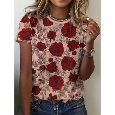 Fashion Women's Rose Love Short Sleeve Crew Neck T-Shirt 3D Rose Love Color Printing Crew Neck Short Sleeve