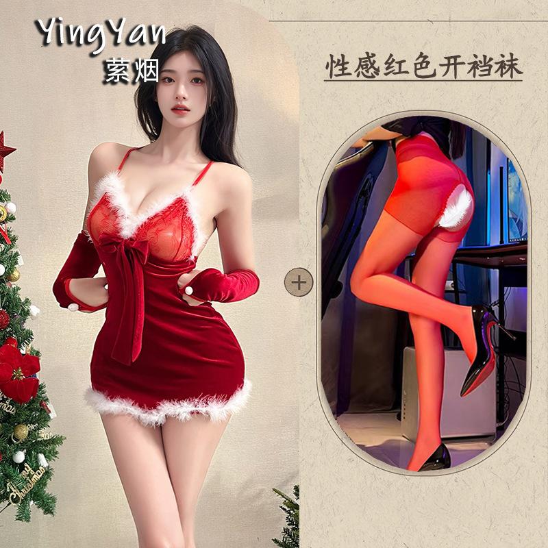 Erotic underwear women's sexy plush suspender nightdress short skirt Christmas dress battle robe passion free uniform suit