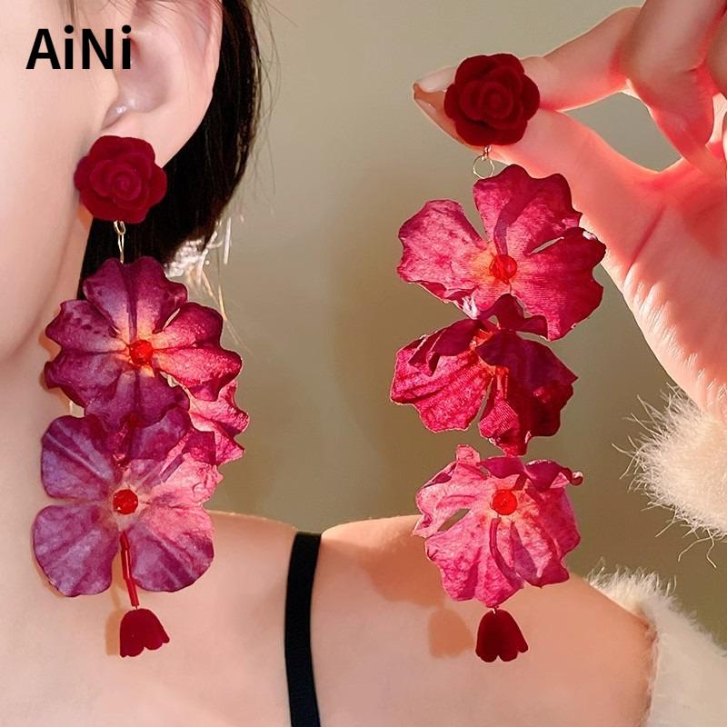Fashion Zircon Vintage Temperament Red Flower Dangle Earrings For Women Female Gifts Sweet Design Ear Accessories Hot Selling