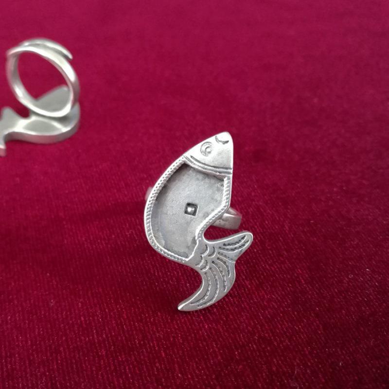 Inlaid Hand-Embroidered Miao Silver Ring Setting with Guizhou Ethnic Patch Design