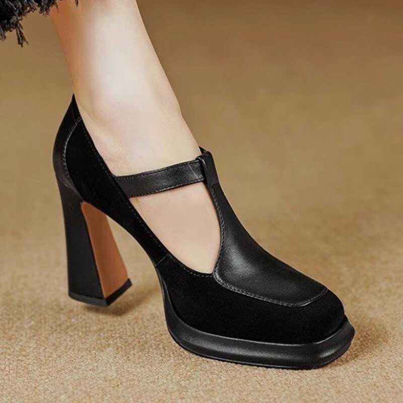 

Туфли Мэри Джейн женские коричневые на высоком каблуке весна-лето 2025 новые на толстом каблуке с водонепроницаемой платформой квадратный носок однотонные туфли женские 34 чёрный