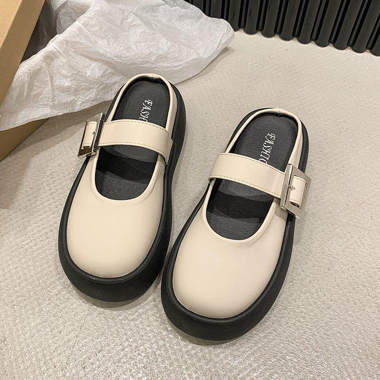 Round head thick-soled bag head half-drag new summer fashion one-button slippers casual muffin sole women's shoes