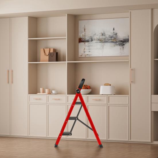 Step Ladder, 3 Step Ladder Folding Step Stool, Multi-Purpose Collapsible Ladder for Home or RV Outdoor Work, Heavy Duty 330 Lbs Load (White, Red)