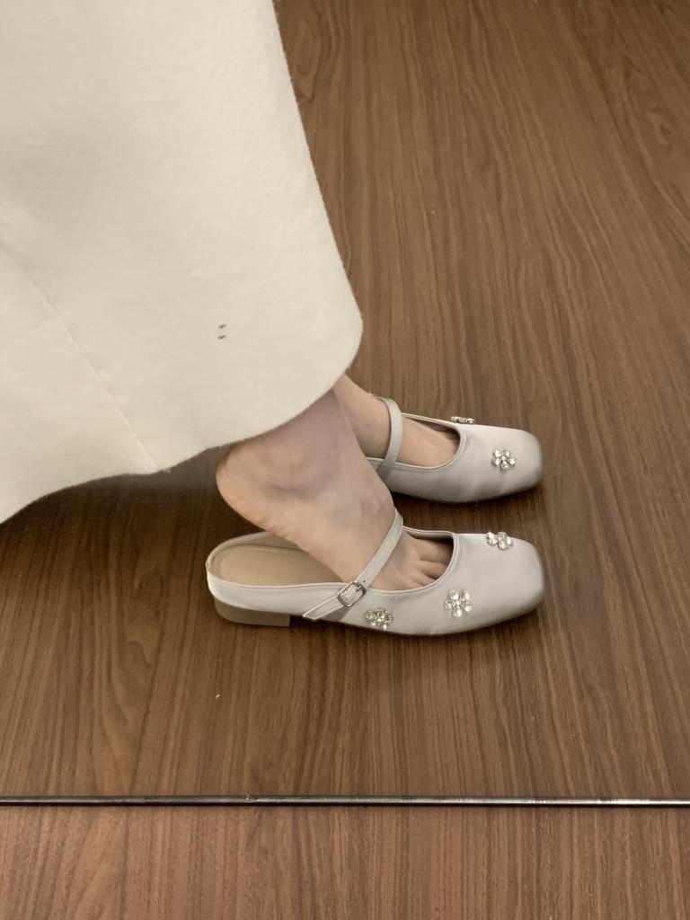 Niche design sense one-word buckle bag head half slippers female summer wear with skirt fairy wind rhinestone silver single shoes female