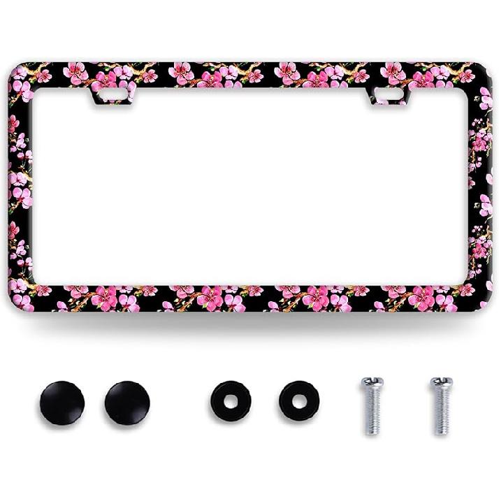 Line Art Flowers License Plate Frame Beautiful Floral License Plate Frames Funny Stainless Steel Accessories Cars Decor With 2 Holes And Screws Fits