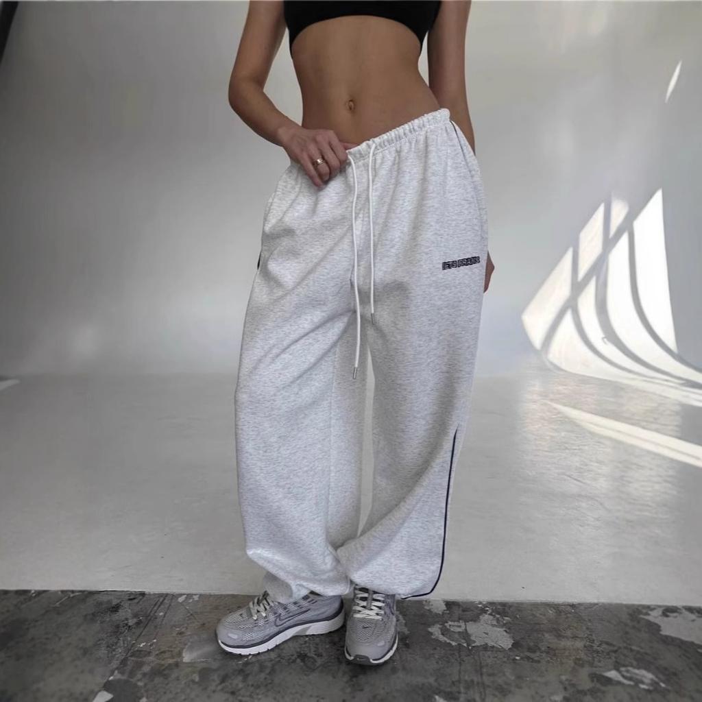 Damen High Waist Weite Beine Jogginghose Gerade Beine Hose Gestreifte Seite Zweiwege-Tragbar Kordelzug Jogginghosen Amerikanische Lässige Sporthosen