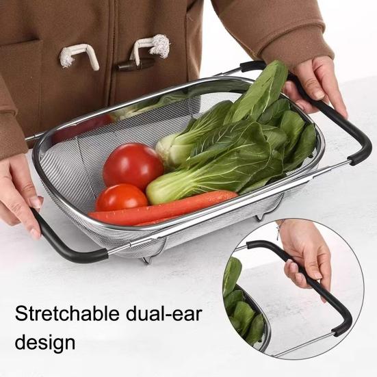 Sink Drain Basket Stainless Steel Mesh Strainer with Telescopic Double-Ear Handle Sink Basket Large Capacity Kitchen Colander for Washing And Draining